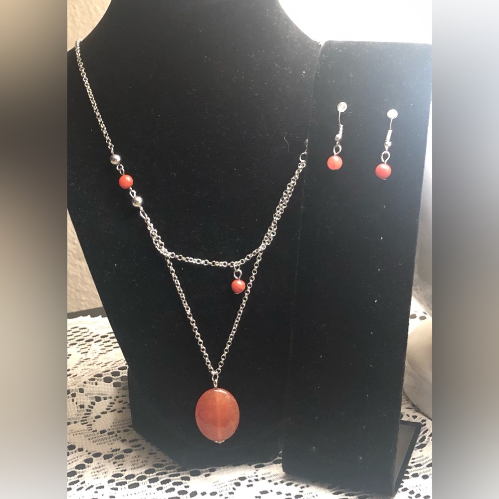 Silver Necklace w/Orange Beads and Earring Set with Orange Accents